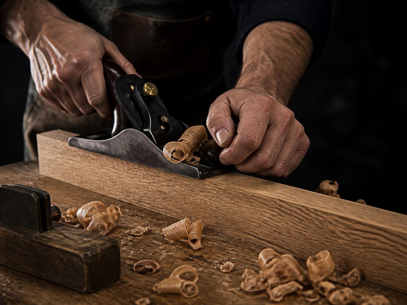 Craftsman planing a length of oak, wood shavings on the bench