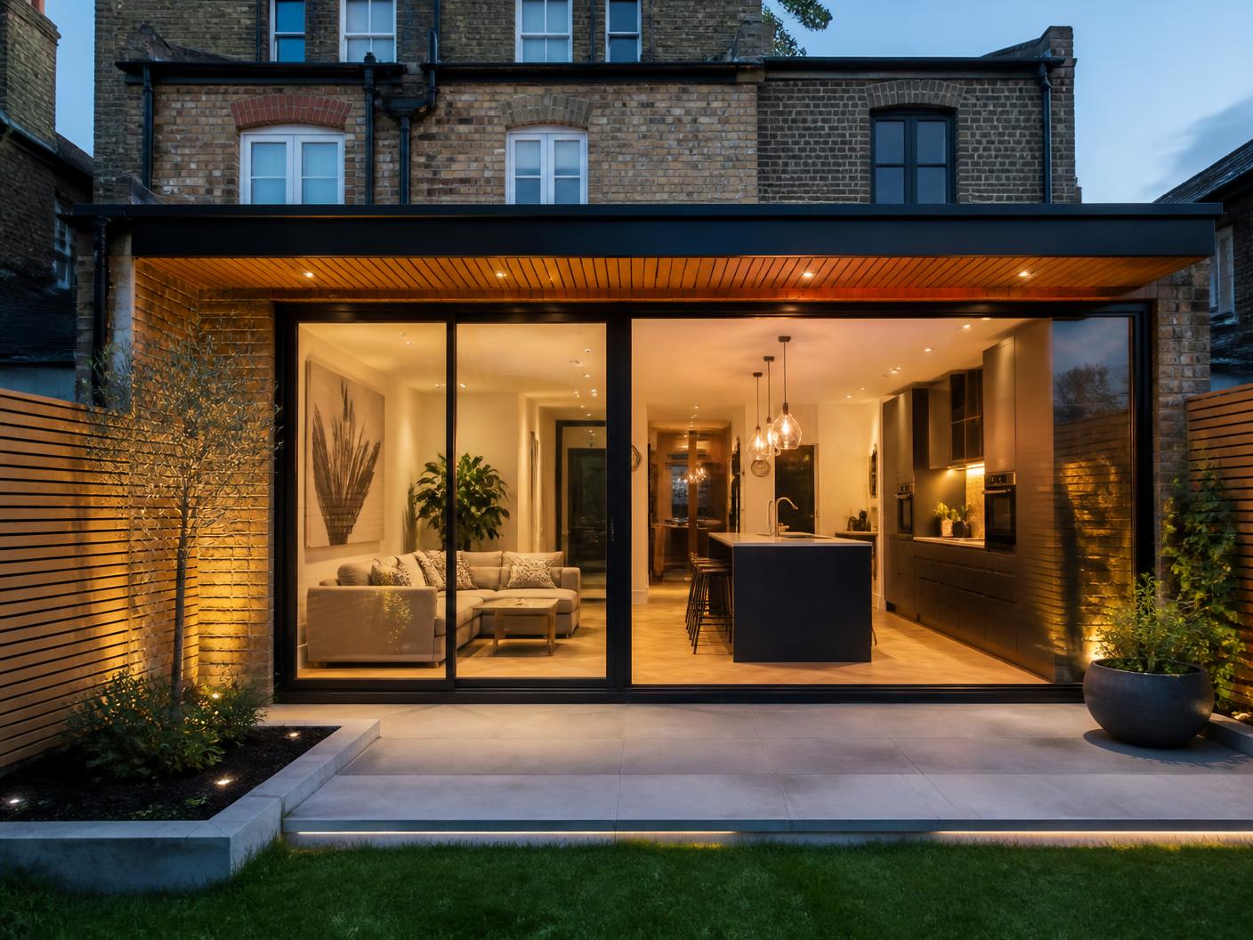 Rear house extension with large glazed doors and a timber soffit