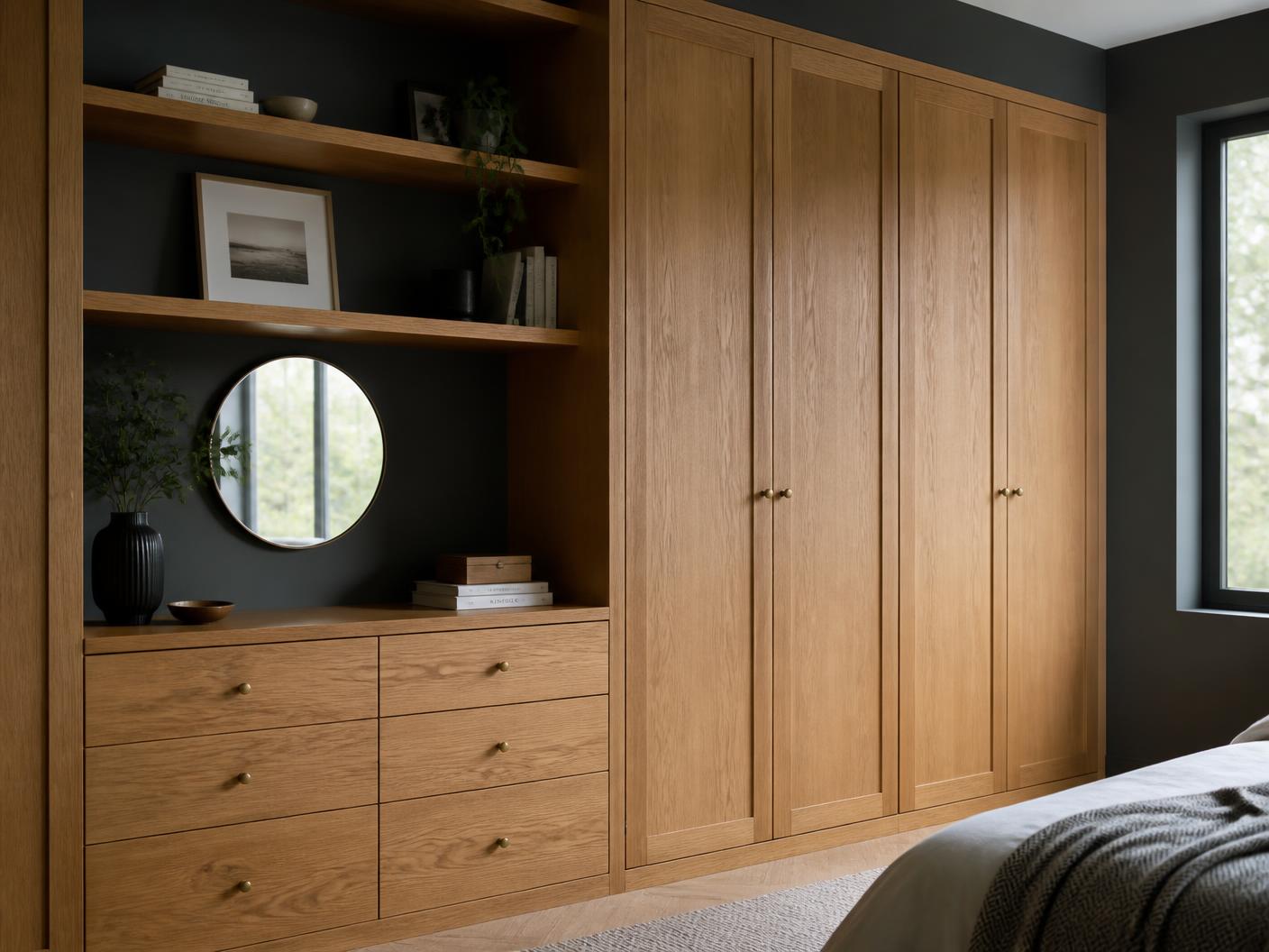 Fitted oak wardrobes and shelving against a charcoal wall