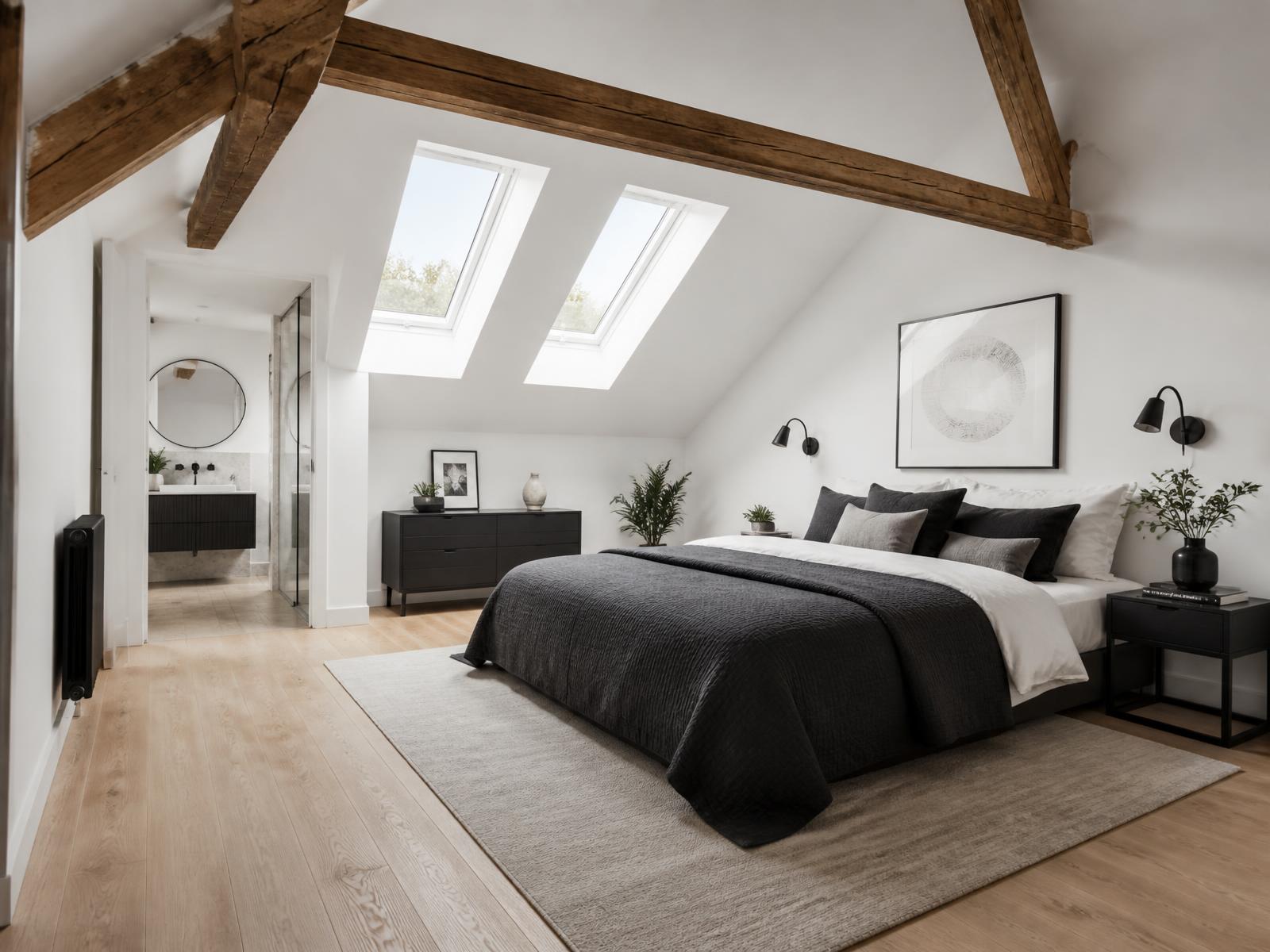Converted loft bedroom with skylights, exposed beams and oak flooring